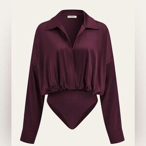 Commence Satin Collared long sleeve bodysuit in burgundy size XL